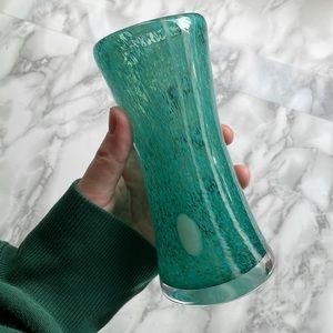 Vintage - Aqua/Teal hand blown glass vase stretched with with accents
